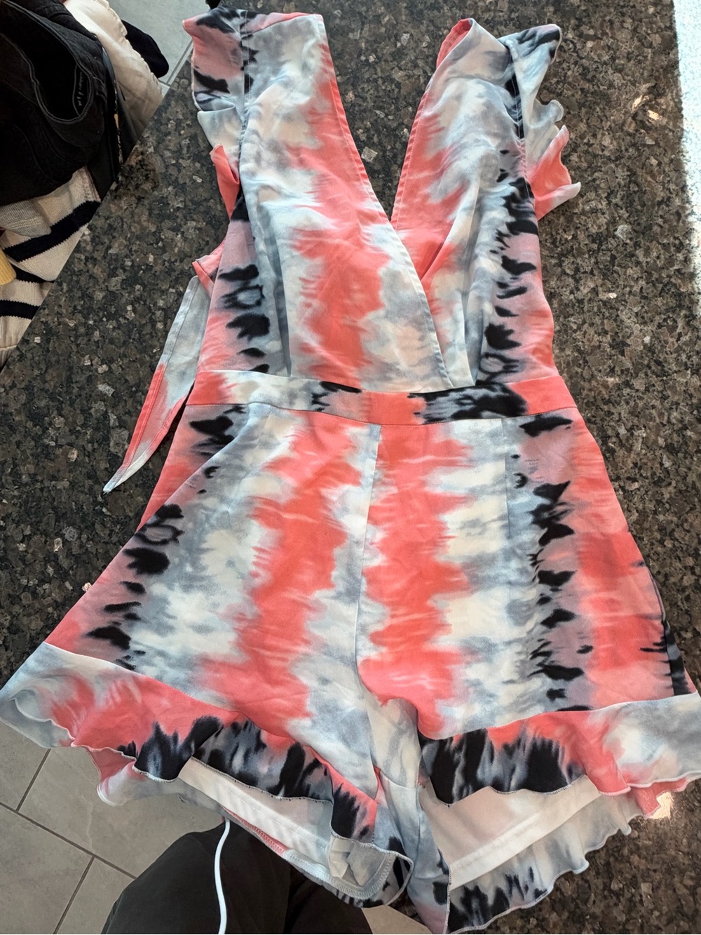 PrettyLittleThing Coral, White & Black Tie-Dye Ruffle Romper